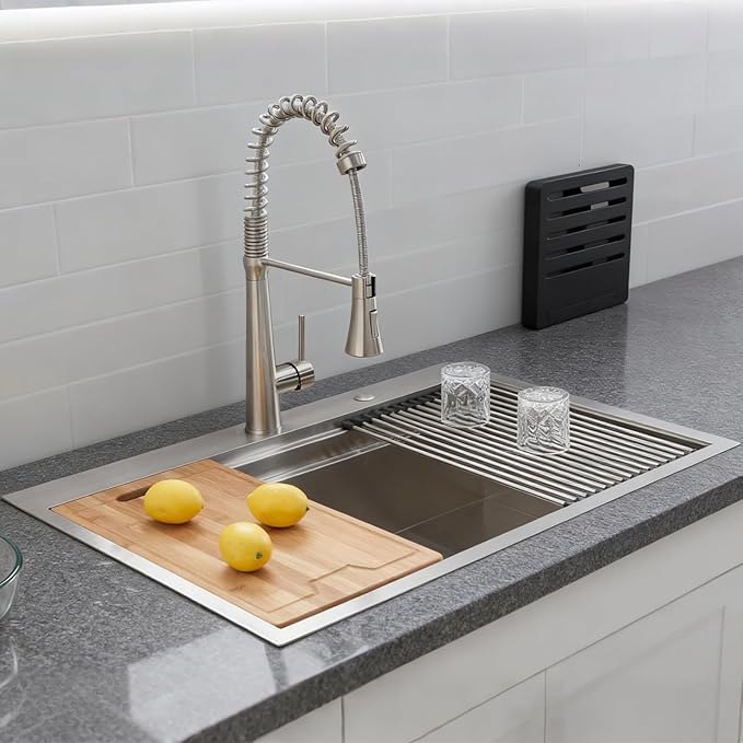 SHACO 33x22 Inch Drop In Kitchen Sink, 33 Inch All In One SUS304 Stainless Steel Top Mount Single Bowl Overmount Double Ledges Workstation Sink with Accessories, Brushed Nickel