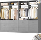 Closet System Set of 4, 8FT Closet Systems with 12 Wood Drawers, 96" Closet Organizer System with 4 Hanging Rods & 4 Shelves, Heavy Duty 96 Inch Walk-in Closet, Grey (96"L x 15" W x 80" H)