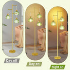Glass Floor Lamps for Living Room, 3 Lights Mid Century Modern Standing Lamp with Foot Switch, Retro Gold Floor Lamp with Green Glass Shade, Vintage Tree Tall Lamps with Bulb for Bedroom Office