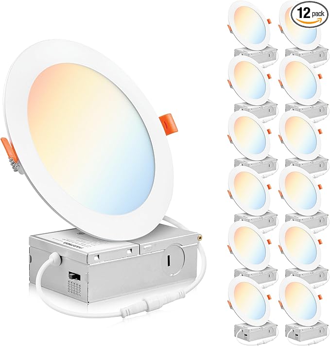PARMIDA (12 Pack) 6 Inch Dimmable 5CCT Ultra-Thin LED Recessed Ceiling Light with Junction Box, 5 Color Selectable 2700K/3000K/3500K/4000K/5000K, 12W, Canless Wafer Slim Panel Downlight, IC Rated, ETL