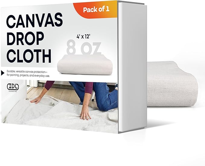 Canvas Drop Cloth 4' x 12' (48 sq.ft.) - Reusable & Eco-Friendly Painters Drop Cloth for Furniture, Surfaces & Floor Protection - 100% Recycled Cotton Canvas Tarp for Home Renovation by IDL Packaging