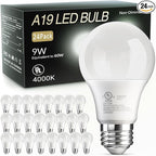 TJOY 24 Pack A19 LED Light Bulbs, 60 Watt Equivalent, Efficient 9W, Cool White 4000K, E26 Standard Base, Neutral White Light Bulb, Non Dimmable Energy Saving for Home, 800LM, 120V, 80 CRI, UL Listed