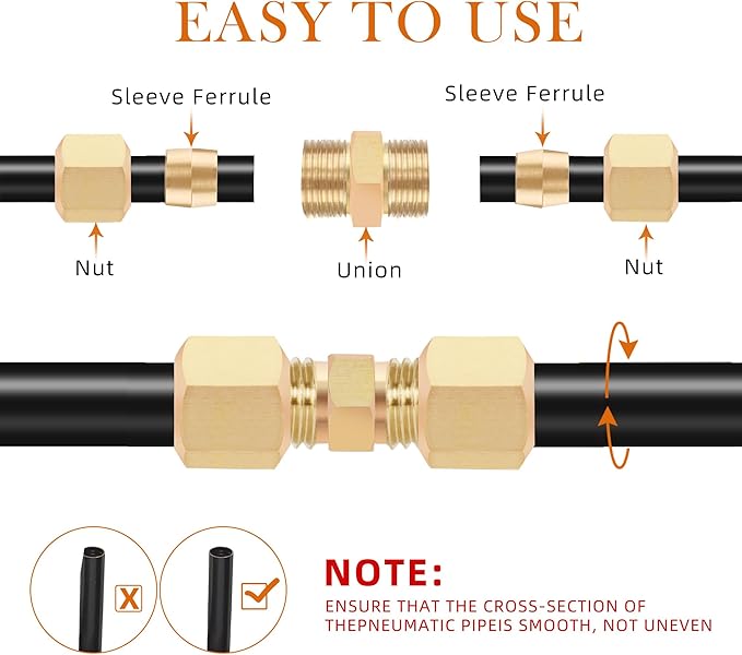 90PCS Brass Tube Pipe Fittings Kit, Nylon Tubing Fittings Assortment 1/8" 3/16" 1/4" 3/8" 1/2" OD Compression Union Straight Connector & Sleeves Ferrules for Truck Airlines and Industrials