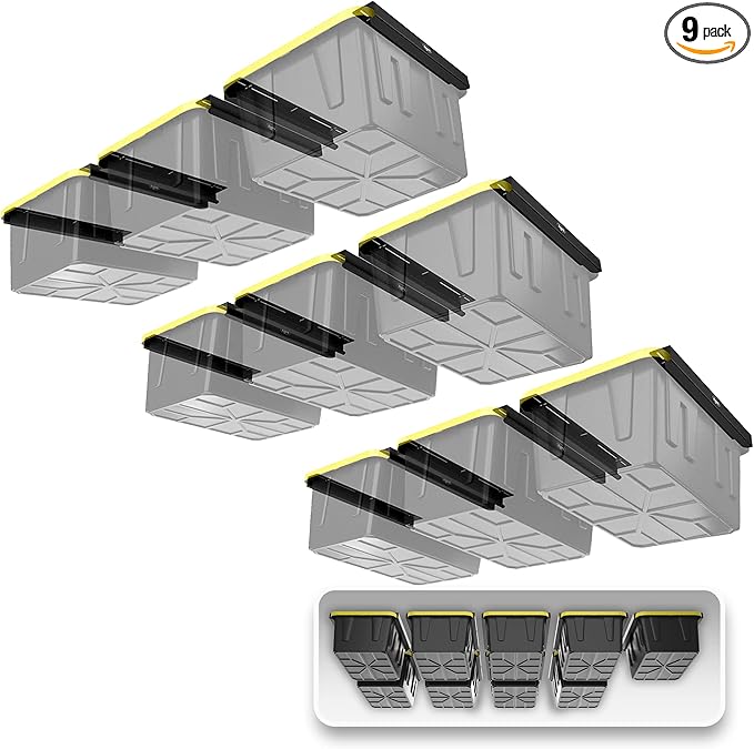 Koova Heavy-Duty Overhead Garage Storage Rack for 9 Bins. Adjustable Width, 360lb Capacity. DIY Safe Mount, Easy Install. Fits 27-Gallon Totes. USA Made Pro-Grade Steel. Space Saving Organizer