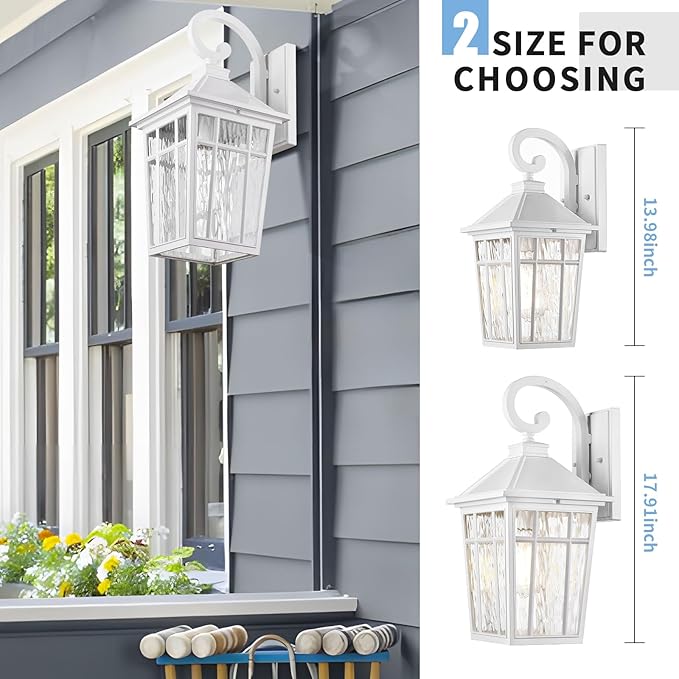 Darkaway 2pcs Large Outdoor Wall Lights for House, 18inch Exterior Lighting Fixtures Wall Mount White Outside Wall Sconce with Water Ripple Glass for Porch Patio Front Door