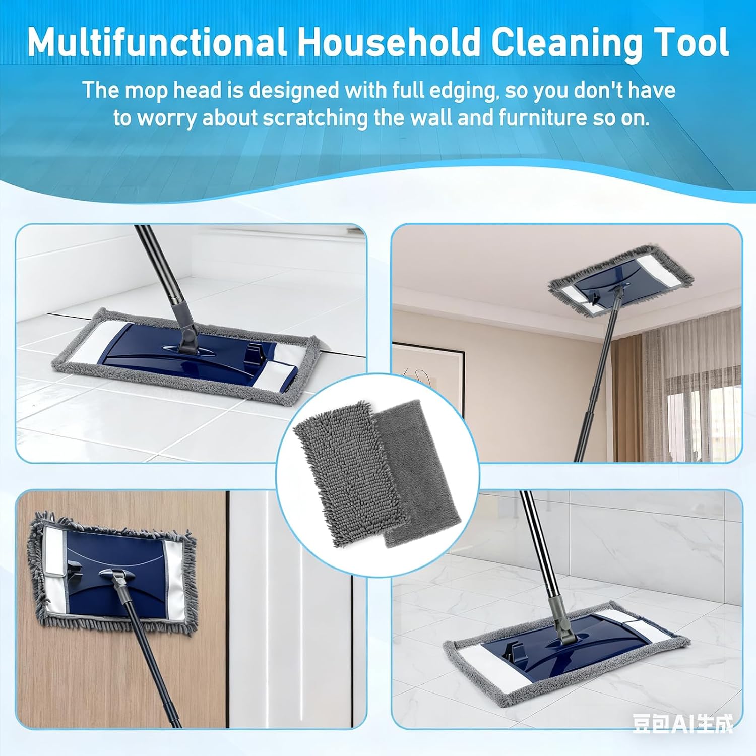 Wall Cleaner Mop with Long Handle, Extra Wall Dust Mop for Washing Walls with 2 Microfiber Reusable Pads,Floor Dry Wet Duster Mops for Wall Washer, Floor,Ceiling Cleaning，Blue
