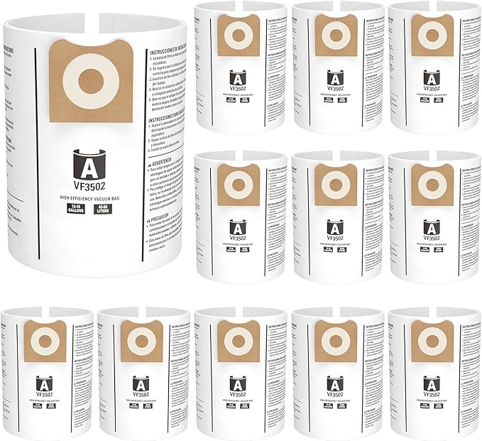 12 Pack 23743 VF3502 Vacuum Bags Compatible with Ridgid 12 to 16 Gallon Wet Dry Vacuums, High Efficiency Replacement Filter Bags for Model WD1950 WD1956 WD1850 WD1851 RV2400HF WD1450 WD1680 WD1270