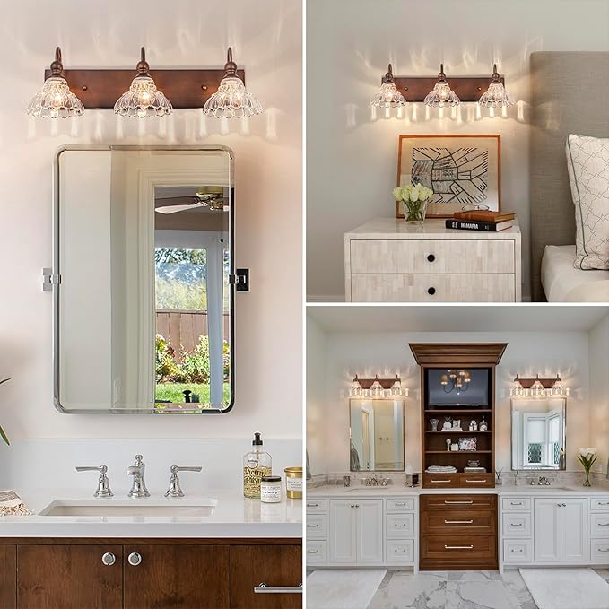 EDISLIVE Vintage Vanity Light for Bathroom ORB 3-Light Bath Wall Light Fixture with Clear Flower Glass Shades 26.38" E12 Antique Wall Sconce for Bedroom Hallway Living Room Vanity Mirror