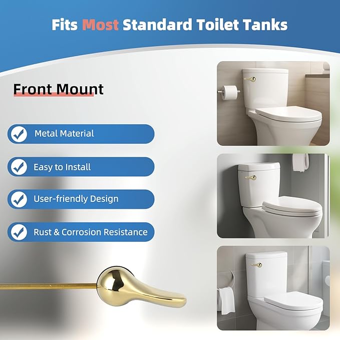 iFealClear Polished Gold Metal Universal Toilet Handle Replacement Kit, Front Mount Toilet Tank Flush Lever Handle with Nut Lock, Toilet Trip Lever Fits Most Toilets, Sold Brass Material
