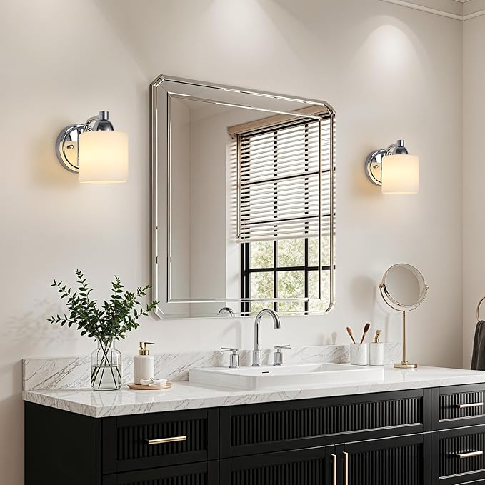 Polished Chrome Milk Glass Wall Sconces, 1 Pack Hardwired Indoor Wall Light Fixtures for Living Room, Hallway, Bedroom, Ceramic E26 Sockets (Bulbs Not Included)