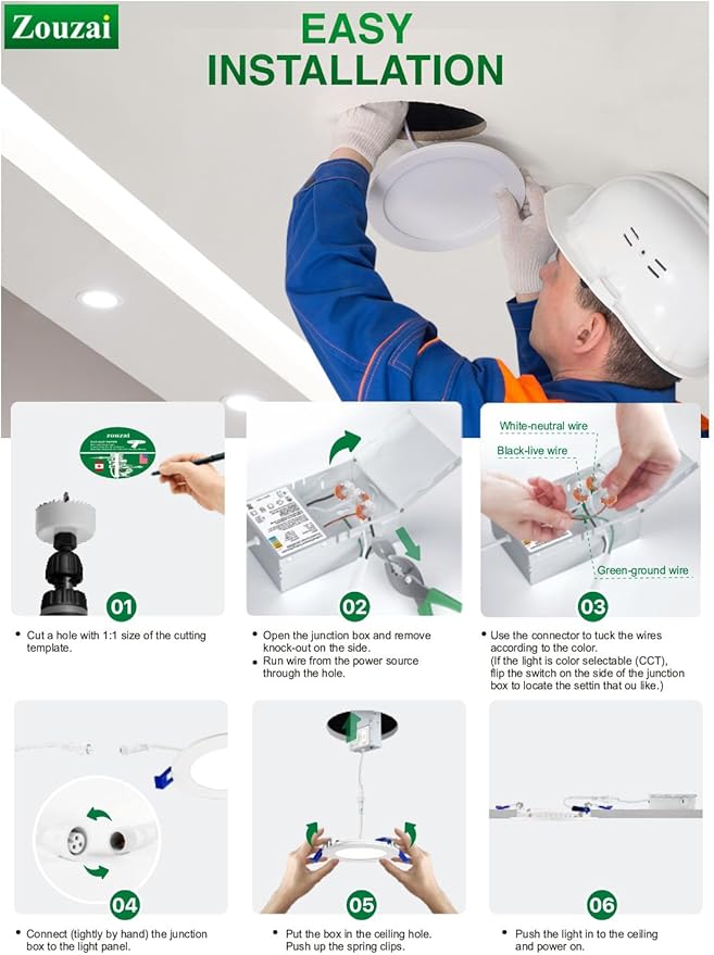 zouzai 6 Inch 5CCT Ultra-Thin LED Recessed Ceiling Light with Junction Box, 2700K/3000K/3500K/4000K/5000K Selectable, 12W Eqv 110W,Dimmable, led can Lights- ETL and Energy Star Certified【 6 Pack 】