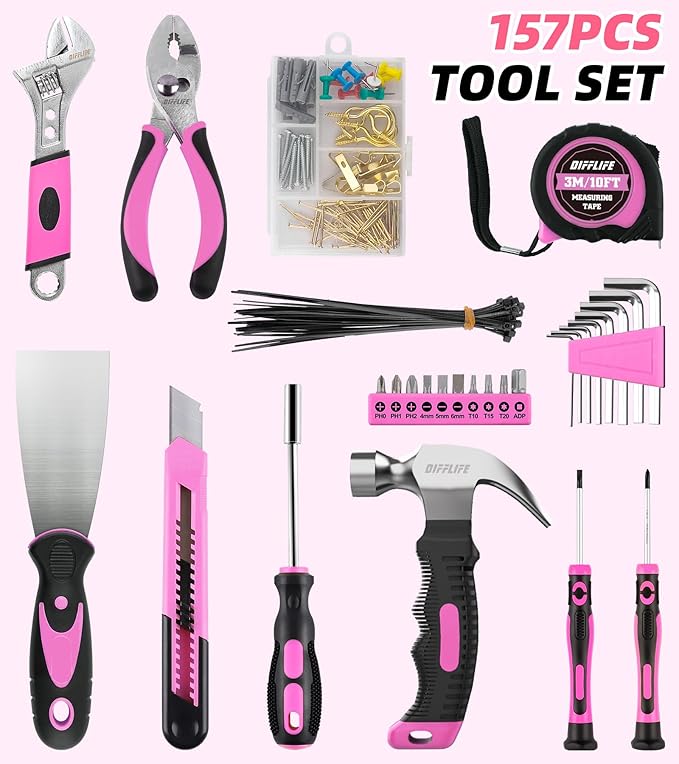 157 Piece Pink Tool Set for Women, Lady's Home Repairing Tool Kit with 13-Inch Wide Mouth Open Storage Tool Bag