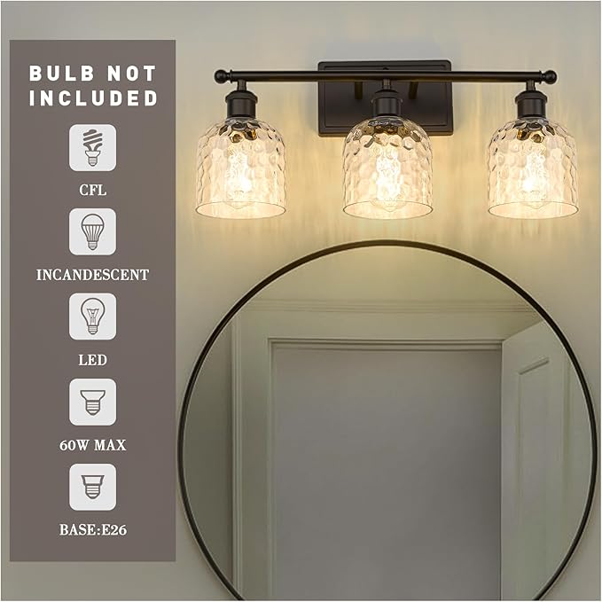 zeyu 3-Light Farmhouse Vanity Light Over Mirror, 21-inch Bathroom Light Fixtures with Hammered Glass Lampshade, Oil Rubbed Bronze Finish, ZJF63B-3W ORB