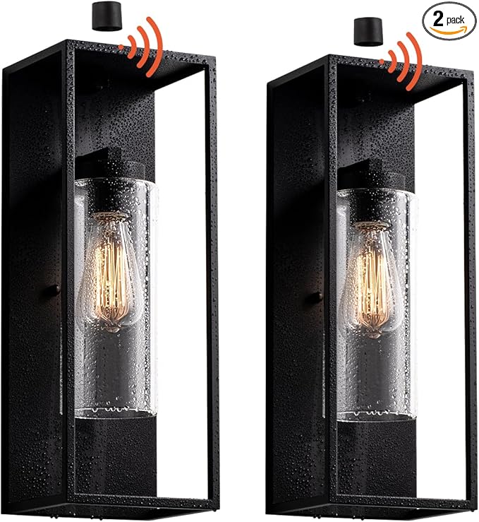 mirrea 18" Dusk to Dawn Outdoor Wall Sconce 1 Light in Cylinder Glass Shade and Matte Black Rectangular Metal Frame Waterproof Porch Light Patio Light Pack of 2