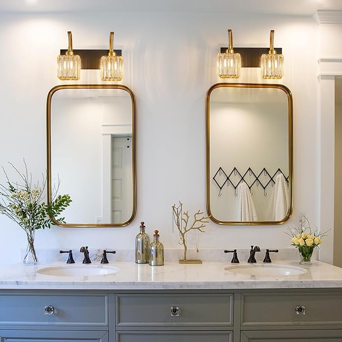 Crystal Vanity Lights 2-Light Black Gold Wall Lamp Modern Crystal Bathroom Light Fixtures Over Mirror 13.77" Long Bathroom Wall Sconce