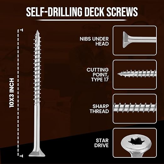#10 x 3’’ Stainless Steel Wood Screws by Grindy (200pack/3.3LBS) – Self-Drilling Deck Screws I Rust Resistant I Quick Drive & Fast Grip I for Cabinet, Furniture & Other Projects I Bit Included