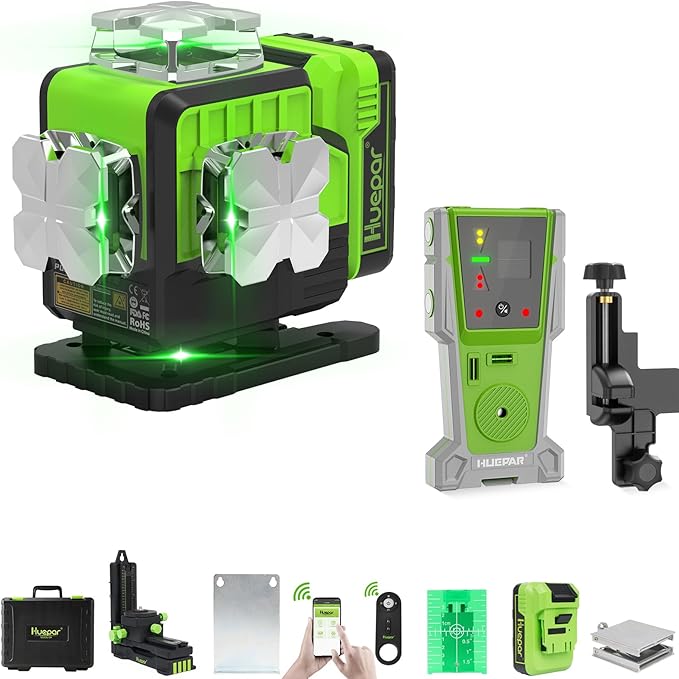 Outdoor Laser Level 360 Self leveling with Laser Level Receiver, 4x360 Green Cross Line Laser with Bluetooth, Huepar P04CG＆LR-8RG, Laser Class: Class II (IEC/EN60825-1/2014), 1mW power output