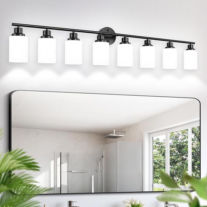 8-Light Vanity Lights, Black Bathroom Light Fixture with Striped Textured Milky White Glass Shade, Modern Vanity Lighting Fixture for Bathroom Wall Light Over Mirror, E26 Wall Sconce