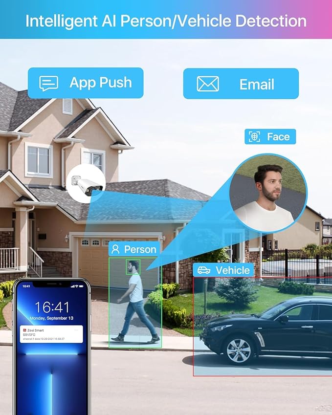 ZOSI 8CH 4K Spotlight PoE Security Camera System,8pcs 8MP/4K Outdoor Indoor IP Cameras,Person/Vehicle Detection,2 Way Audio,Night Vision,8Channel 8MP NVR with 2TB HDD for Home 24/7 Recording