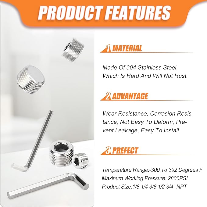 GASHER 25PCS Stainless Steel Internal Hex Thread Socket Pipe Plug Fitting 1/8" 1/4" 3/8" 1/2" 3/4" NPT Male