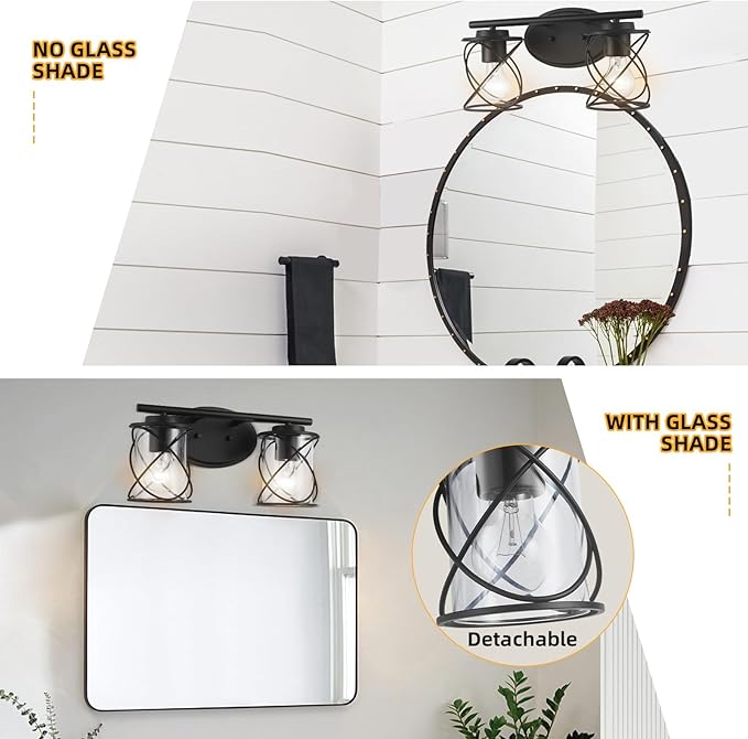 MavCadonF 2-Lights Vanity Lights, Matte Black Farmhouse Wall Lights with Clear Glass Shade, Over Mirror Vanity Light, Kitchen Bedroom Bathroom Wall Lamp