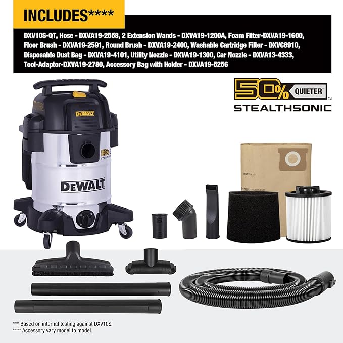 DEWALT 10 Gallon STEALTHSONIC Wet and Dry Shop Vacuum, Ultra Quiet Heavy Duty With Attachments, Powerful Outdoor Vac for Car, Garage, Workshop, Jobsite, Patio, DXV10S-QT, 5 Peak HP