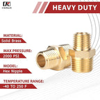 Hex Couplings, 1/2" x 3/8" NPT Male To Male Brass Hex Nipple Adapters, Brass Pipe Extension Fittings for Oil/Air/Water/Gas Systems. (2 Pack)