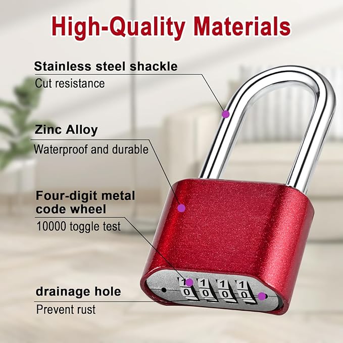 Combination Lock, 4-Digit Heavy Duty Combo Lock, Combination Padlock Outdoor Waterproof Gate Locks for Outdoor Fence, Locker, Sheds, Gym, Gate Hasps (Long Shackle) (2pcs-Red)