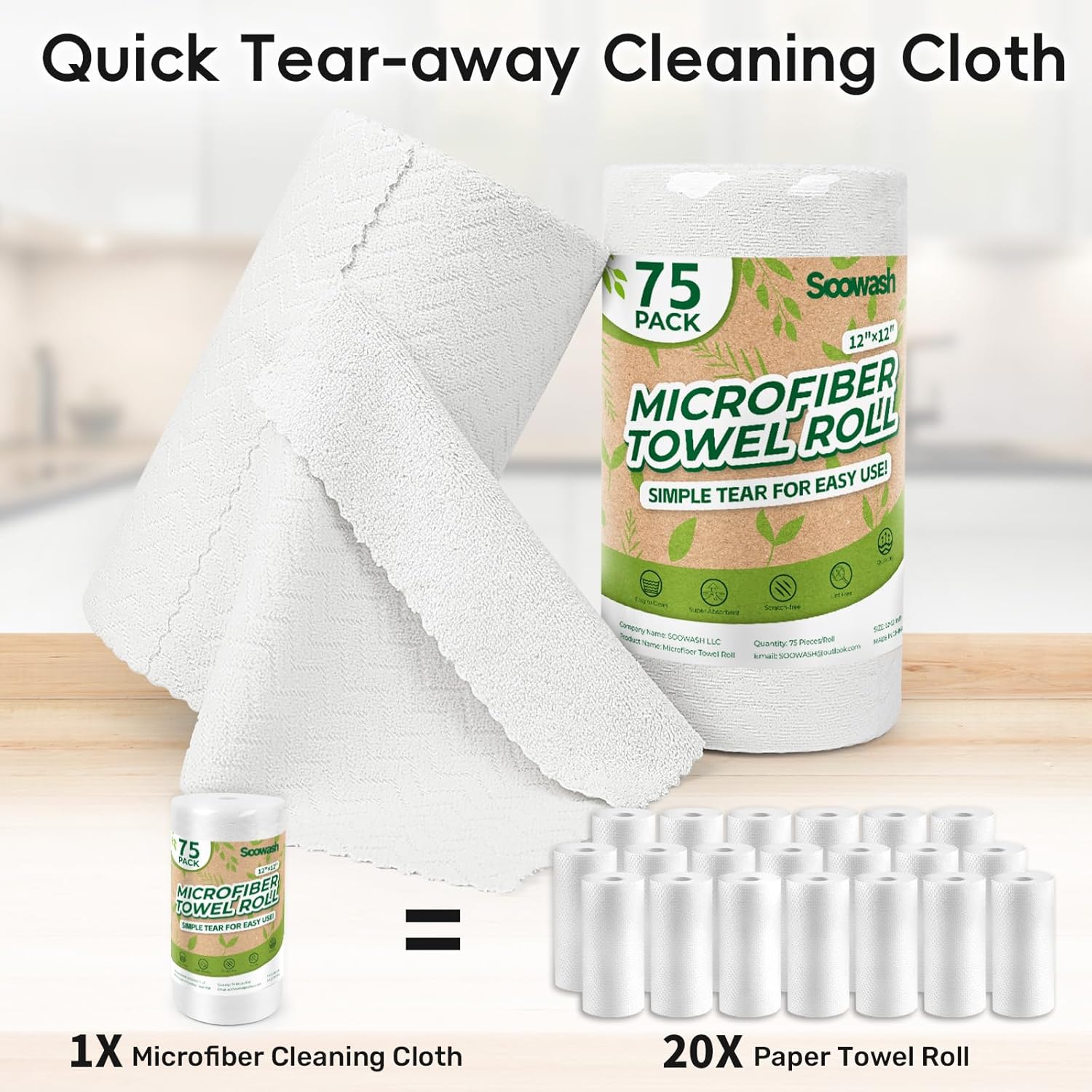 Microfiber Cleaning Cloths Roll, 75 Pack Tear Away Microfiber Towels Roll, 12" x 12" Lint Free Rags, Reusable Cleaning Cloths, Washable, Scratch Free,Ultra Absorbent Dish Rags(White Ripple)