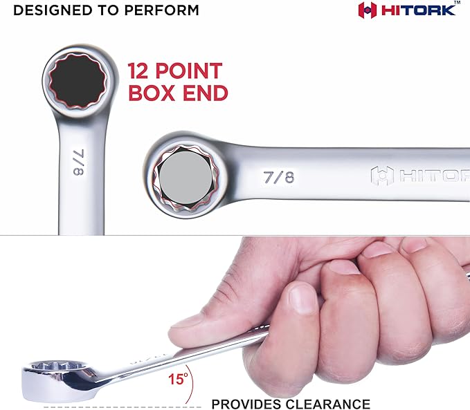 Hitork 11 Piece Combination Wrench Set with Roll Pouch, SAE Sizes (1/4" - 7/8"), Drop Forged Cr-V Steel, Chrome Plated Mirror Finish, 12 Point Box End, 15° Offset, Exceeds ANSI Standards