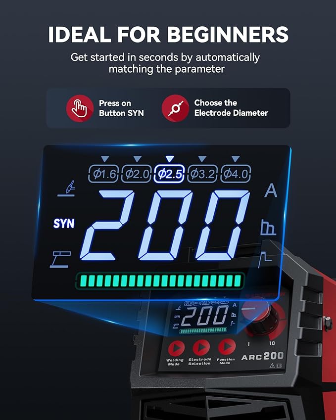 ARCCAPTAIN 200A Stick/Lift TIG Welder with Torch, [Large LED Display] 110V/220V Welding Machine with Synergic Control, IGBT Inverter, Portable MMA Welder Machine with Hot Start, Arc force