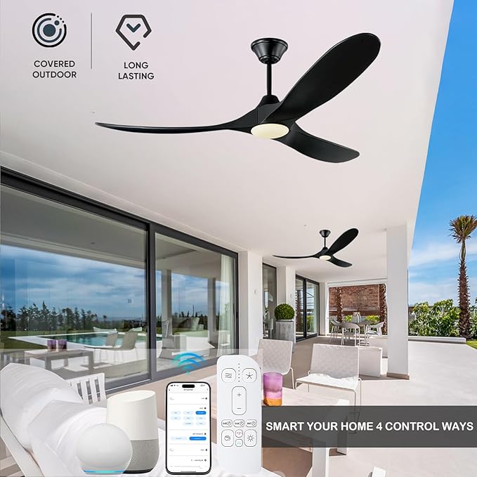 60 inch Black Ceiling Fan with Lights, Outdoor Ceiling Fans for Patios Damp Rated, Large Airflow Smart Propeller Ceiling Fan Modern Wooden Ceiling Fans for Commercial Indoor Exterior House Porch