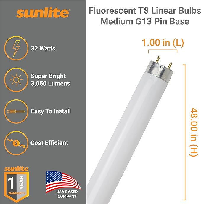 Sunlite F32T8/SP835 T8 Linear Fluorescent Lamp, 32 Watts, 3050 Lumens, 3500K Neutral White, Medium G13 Bi Pin Base, High Performance Straight Tube, 30 Pack