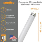 Sunlite F32T8/SP835 T8 Linear Fluorescent Lamp, 32 Watts, 3050 Lumens, 3500K Neutral White, Medium G13 Bi Pin Base, High Performance Straight Tube, 30 Pack