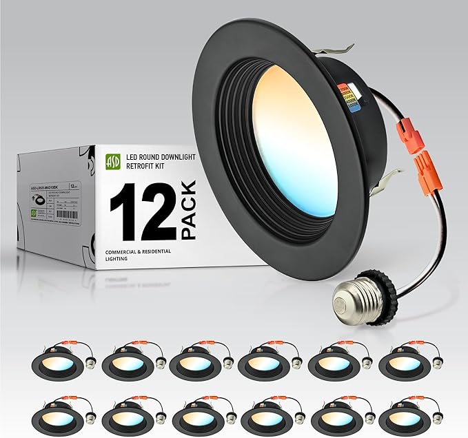 ASD 4 Inch Retrofit LED Recessed Lighting | Metal Trim Black 10W 849LM 120V 2700K-5000K Adjustable Ceiling Downlights | Triac Dimmable Wet Rated Room Can Lights, ETL Energy Star, 12 Pack