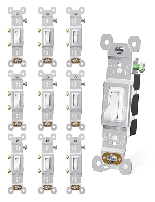 AIDA 15 Amp Single Pole Quiet Indoor Toggle Switch Self-Grounding ON Off, Residential Grade, UL Listed, Quickwire Push-in & Side Wired (White, 10 Pack)