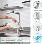 CREA Waterfall Kitchen Faucets with Soap Dispenser Built-in,4 Modes Bar Sink Faucet with Pull Down Sprayer,Single Handle 1 Hole Utility Faucet for Laundry Brushed Nickel Stainless Steel