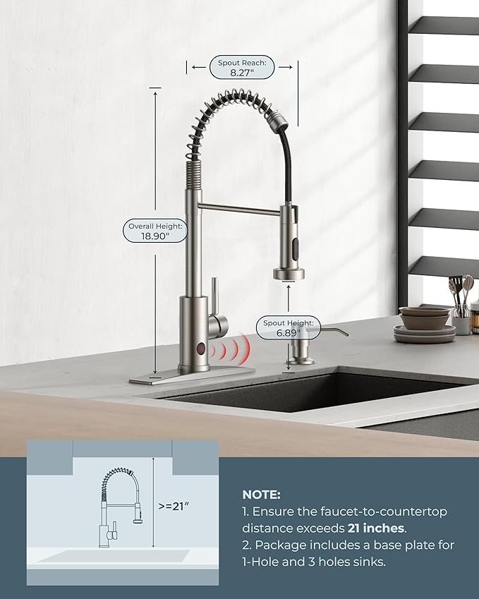 FORIOUS Touchless Kitchen Faucet Brushed Nickel, Smart Motion Sensor Spring Sink Faucet with Pull Down Sprayer Commercial Contemporary Hands-Free for Pot Filler, Farmhouse Camper Laundry Camper