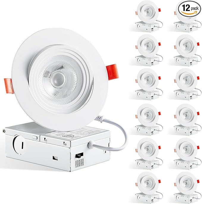 LEDIARY 12 Pack Gimbal LED Recessed Lighting 4 Inch, 5CCT Adjustable Recessed Light Slim Selectable 2700K-6000K,750LM Can Lights with Jbox,Canless Down Light Ceiling Light with IC Rated ETL Listed