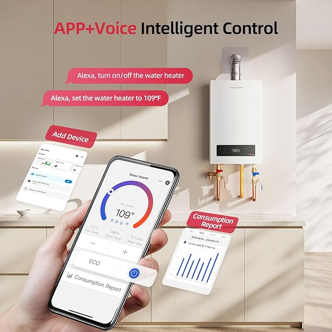 MIZUDO Natural Gas Tankless Water Heater, Indoor or Outdoor Convertible Installation, Max 5.1 GPM 120,000 BTU, WiFi&APP Control CSA Certified for Large Families Whole House, GEN 3