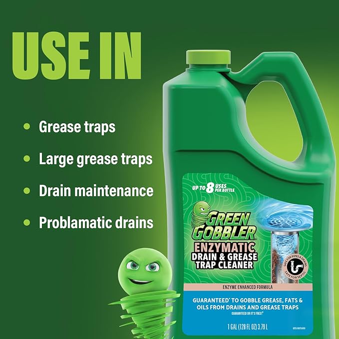 Green Gobbler ENZYMES for Grease Trap & Sewer - Controls Foul Odors & Breaks down Grease, Paper, Fat & Oil in Sewer Lines, Septic Tanks & Grease Traps (4 Gallon Case)