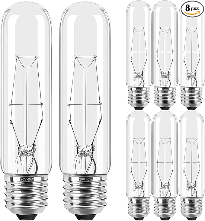 8-Pack 40W T10 Incandescent LED Light Bulbs, Warm White,Dimmable Clear Glass Edison Vintage Bulbs for Chandeliers, E26 Base, 2700K, Desk Lamps, Curio Cabinets, Aquariums, and Pendant Lighting