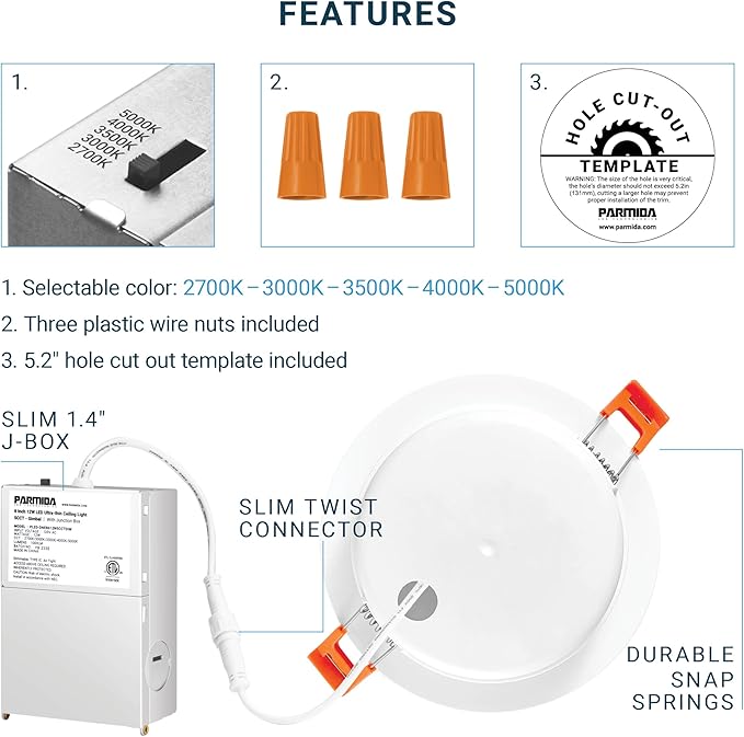 PARMIDA (6 Pack) 6 Inch 5CCT Ultra-Thin LED Adjustable Gimbal Recessed Lighting with J-Box, 2700K/3000K/3500K/4000K/5000K 5 Color Selectable, 12W, Eyeball Canless Slim Panel Lights, Dimmable, IC, ETL