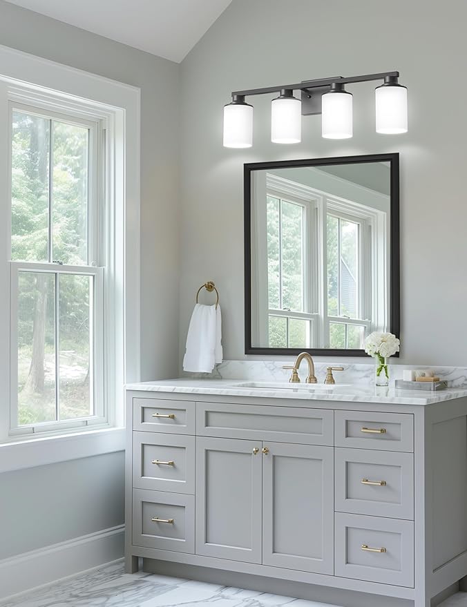 DORESshop 4-Light Black Bathroom Light Fixture Over Mirror with Milk Glass Shade, Modern Vanity Lights for Hallway Living Room Bedroom, ETL Listed