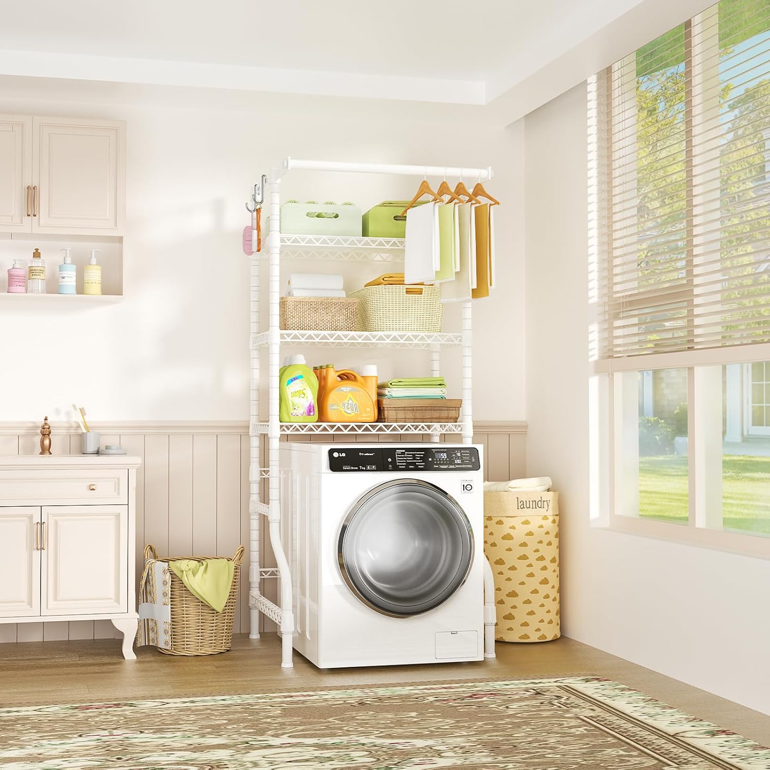 Ulif U11 Medium Over Washer and Dryer Shelves, 3 Tiers Laundry Room Storage and Organizer Standing Shelf, Metal Freestanding Clothes Drying Rack, 31.1”W x 19.7”D x 77.6”H, White