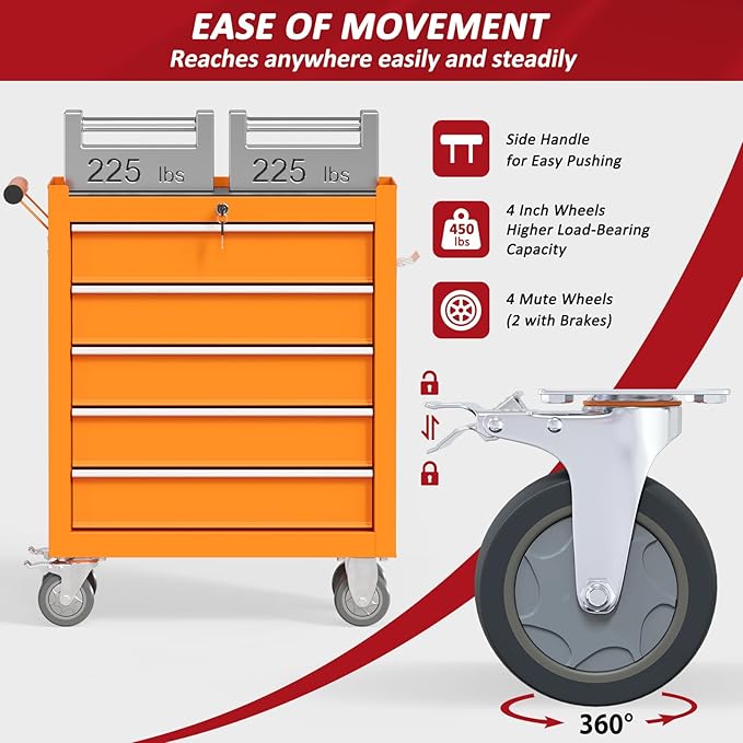 5 Drawers Rolling Tool Chest with Wheels, Portable Rolling Tool Boxes with Wheels, Tool Box Storage Cabinet with Locking System for Garage (Orange, 5 Drawers)