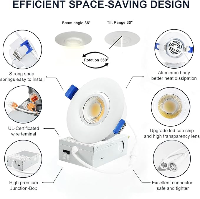 6 Pack White 3-inch 5 CCT Gimbal LED Recessed/Downlight Color Selectable 2700K/3000K/3500K/4000K/5000K 800Lm 10W 120V Dimness Adjustable LED Lights