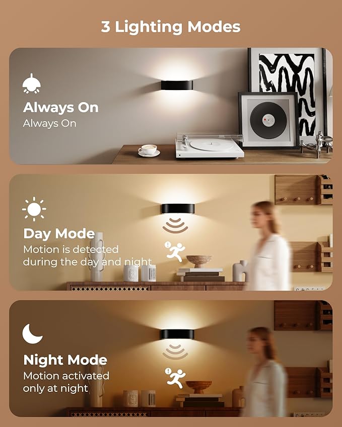 Motion Sensor Wall Lights with Remote, Rechargeable 5000mAh Battery Operated Wall Sconces, 18-Color Dimmable UP and Down LED Lamp for Living Room, Bedroom, Hallway (4-Pack, Black)