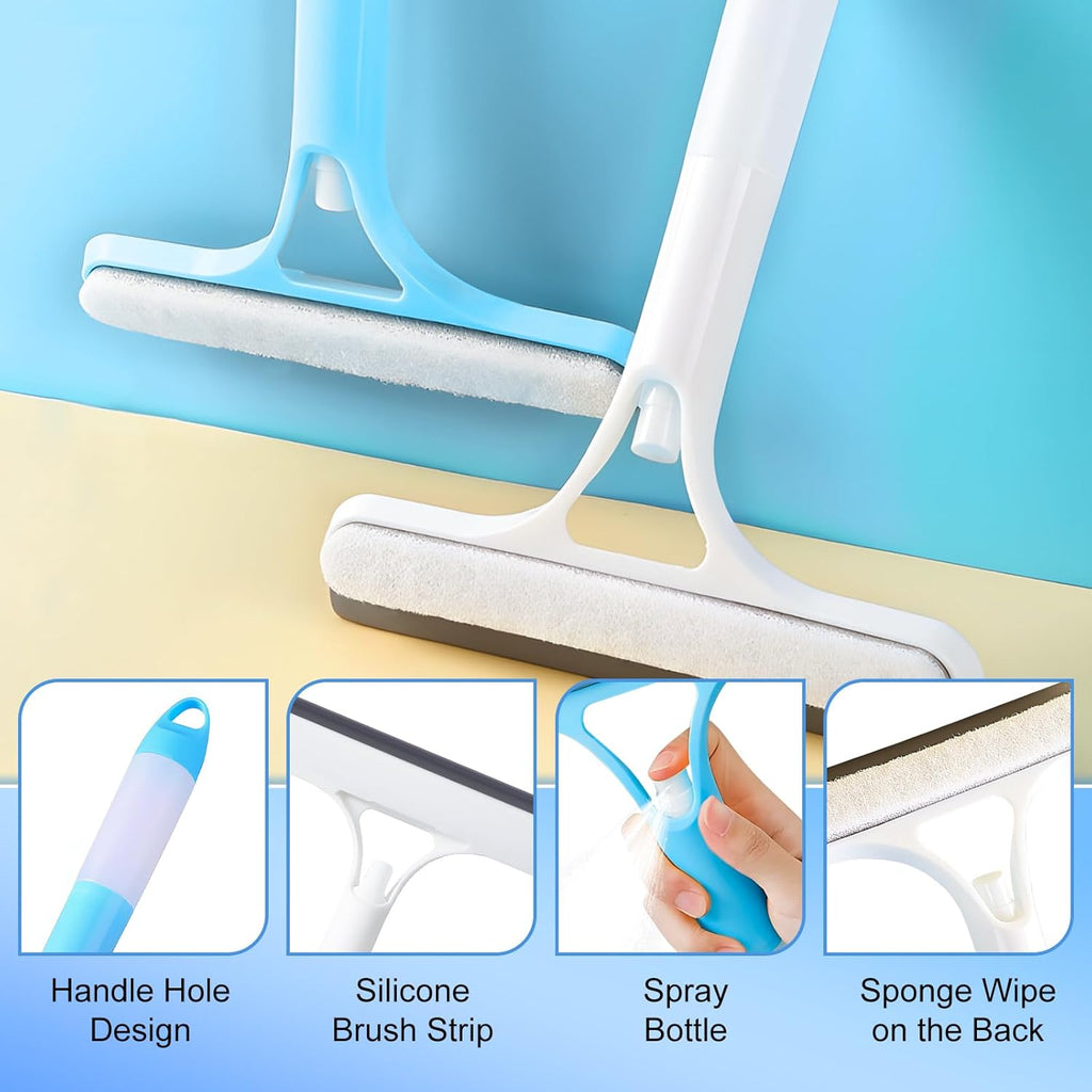 3 in 1 Window Cleaning Scraper, Cleaner Window Squeegee with Sprayer, Squeegee and Scrubber Spray Bottle Window Squeegee for Shower Glass,Mirrors,Car,Home,All-Purpose Window Cleaner Tool (Blue+White)