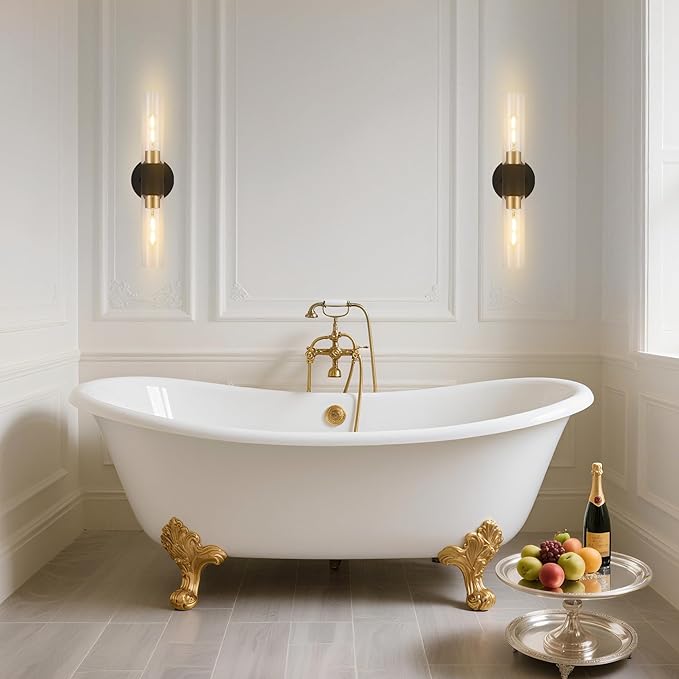 Modern Knurled Texture Wall Sconce Clear Glass Shade Modern Gold Black Bathroom Vanity Light Fixtures 2-Lights Mid Century Wall Light for Mirror Living Room Hallway E26 T10 Bulbs(Excluded)